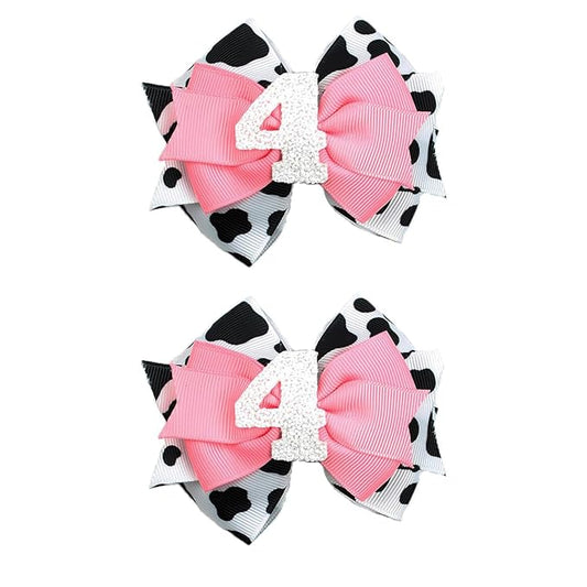 Birthday Hair Clips for Baby Girls - 2Pc Cow Print Bow with White Number Hair Clips for 4th Birthday Baby Bow Party Decorations for Girls Toddlers Hair Accessories (Cow Print -4 Years)