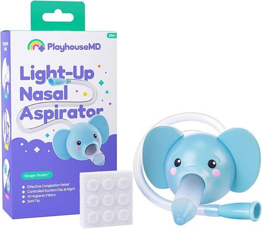 Playhouse MD Booger Buddy Nasal Aspirator, Elephant - with LED Light for Babies & Toddlers – BPA-Free Snot Remover for Infant Stuffy Nose, Congestion Relief – Easy to Clean Design - FSA/HSA Eligible