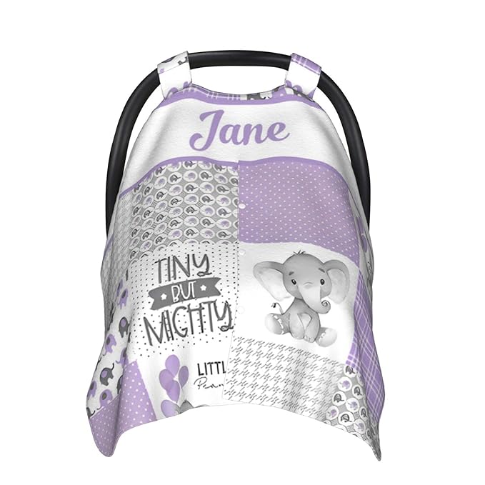 Personalized Minky Car Seat Canopy for Girl Boy, Custom Name Stroller Car Seat Covers Cover for Infant Newborn Shower Gift, Nursing Opening Carseat Cover for Breastfeeding, Elephant Purple