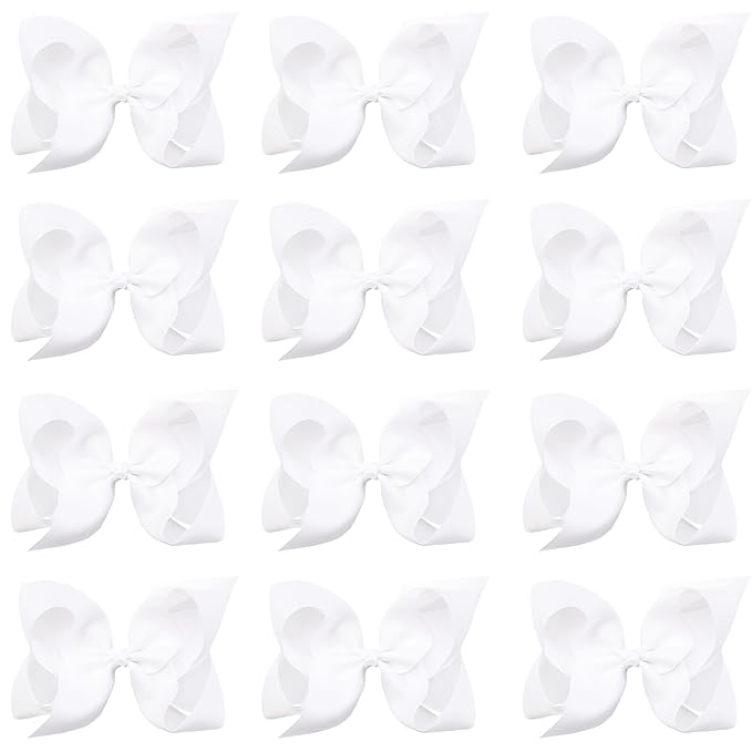Oaoleer Big Hair Bows for Girls 12 PCS 6" White Grosgrain Ribbon Large Boutique Bow Alligator Clips Hair Accessories for Toddlers Little Girls Kids