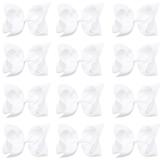Oaoleer Big Hair Bows for Girls 12 PCS 6" White Grosgrain Ribbon Large Boutique Bow Alligator Clips Hair Accessories for Toddlers Little Girls Kids