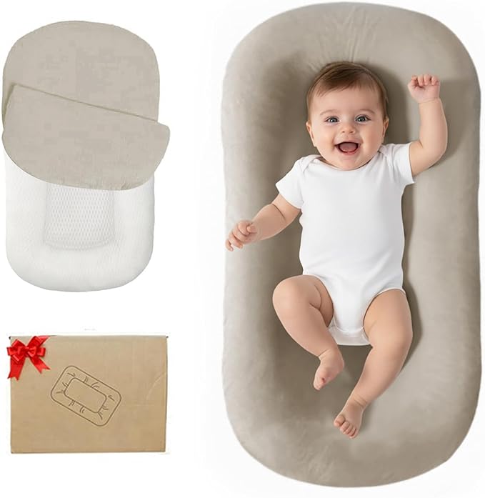 Lucakuins Infant Support Cushion, 0-24 Months Newborn Baby Support Cushion with Cover, Portable Playing Time Mat for Home and Travel, Soft Cotton, Supervised Use, Baby Essentials Gift (Cream Gray)