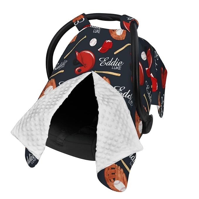 Personalized Baby Car Seat Canopy for Babies, Custom Name Baby Car Seats Covers for Boys, Opening Minky Nursing Breastfeeding Cover for Infant, Carseat Canopies for Newborn (Baseball Theme)