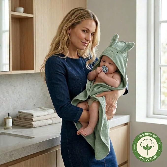Hooded Baby Towel - 100% Cotton Baby Bath Towels – Baby Towels, Baby Bath Towels for Baby Boy, 32" x 32" Super-Soft and Absorbent Baby Towels for Newborn (Rabbit Roman Green)