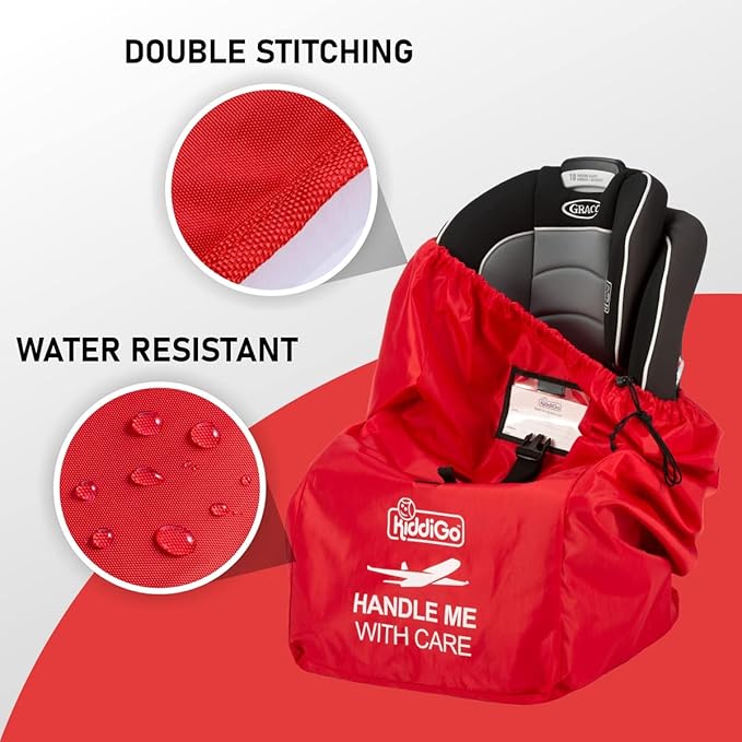 KiddiGo Car Seat Travel Bag for Airplane, Red, 33” H x 18” W x 18” D, Fits Most Standard Convertible, Booster & Infant Car Seats, Gate Check Universal Size Car Seat Cover, Easy Carry Design