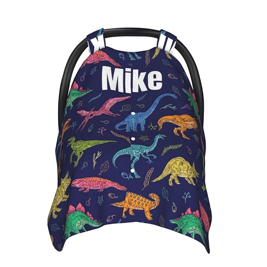 Custom Baby Car Seat Canopy for Babies with Name, Personalized Dinosaur Navy Baby Car Seats Covers for Boys, Opening Minky Nursing Breastfeeding Stroller Cover Infant Carseat Canopies for Newborn