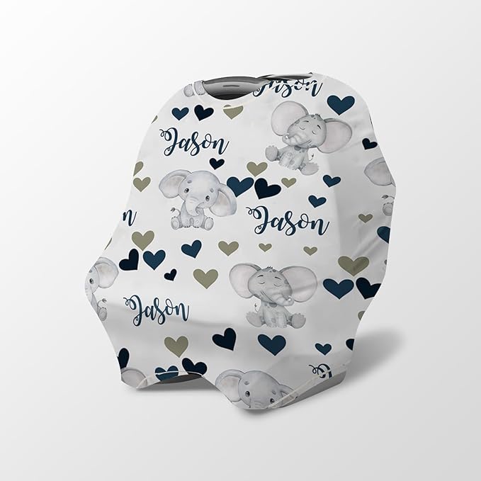 Personalized Baby Car Seat Cover Stroller Canopy: Custom Name Newborn Baby Boy Girl Elastic Elephant Love Nursing Cover for Moms First Birthday Gift Gray(one Size)