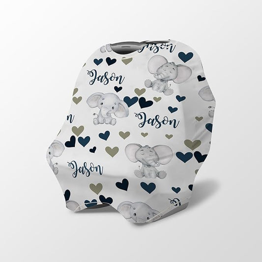 Personalized Baby Car Seat Cover Stroller Canopy: Custom Name Newborn Baby Boy Girl Elastic Elephant Love Nursing Cover for Moms First Birthday Gift Gray(one Size)