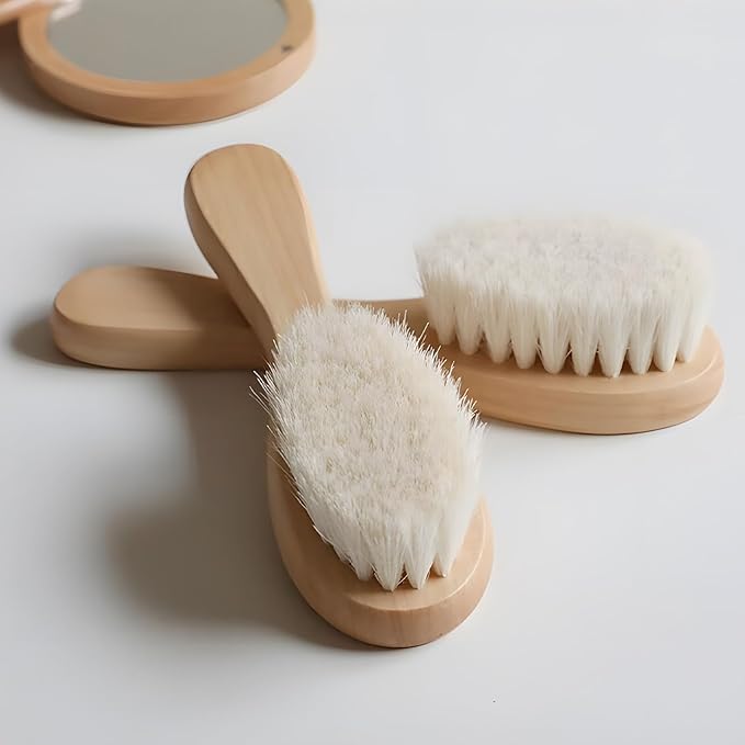 2 Pack Baby Hair Brush with Wooden Handle and Super Soft Goat Bristles for Newborns Toddlers