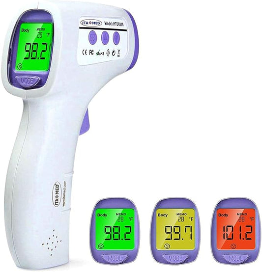 ITA-MED Digital Non-Contact Infrared Forehead Thermometer for Adults & Kids, Accurate Instant Reading, Dual Mode Body & Surface ˚C / ˚F, Intelligent Temperature/Fever Alert, Batteries Included