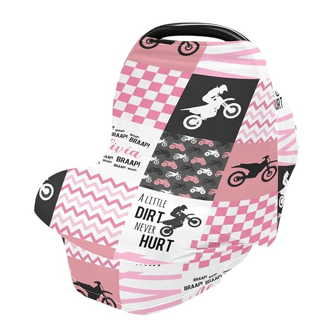 Personalized Baby Car Seat Cover for Boys Girls, Custom Nursing Covers for Breastfeeding with Name, Infant Stroller Cover, Baby Carseat Canopy for Newborn, Multiuse Car Seat Canopies, Dirt Bike Pink