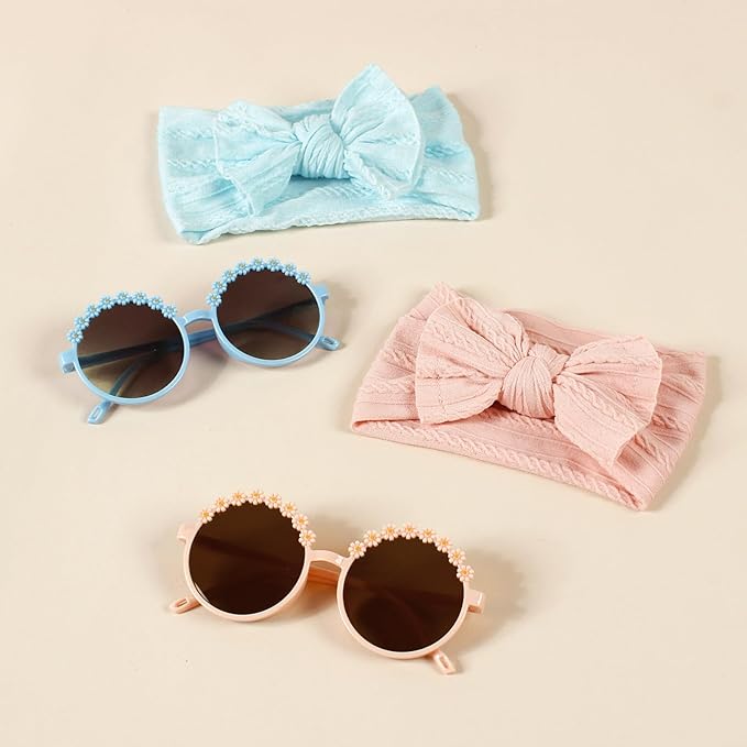 Baby Girls Soft Bows Headband and Daisy Flower Sunglasses Set Hair Bow Headwrap Hair Accessories for Toddler Infant