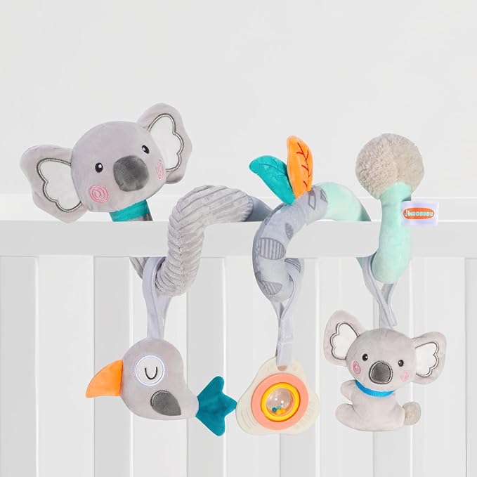 Baby Spiral Car Seat Toy, Stroller Hanging Sensory Toy for Newborn 0-12 Months, Soft Plush with Rattle Crinkle Teether, Koala Bird Activity Toy for Infant Boys Girls