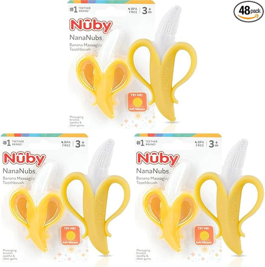 Nuby Nananubs Banana Massaging Teether – Baby Teething Toys 3 Months and Up, Silicone Teether for Sore Gums, Infant Toy, Baby Essentials, Brush, Travel Accessory, Gift for Babies (Pack of 48)