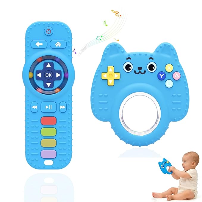 2Pack Teething Toys for Baby 3-6 Months, Teethers for Babies 6-12 Months, Remote Rattle Ring Teether for Baby, Sensory Toys for Babies, Baby Chew Toy