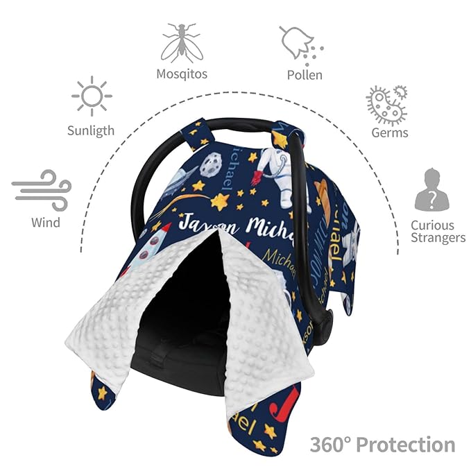 Personalized Baby Car Seat Canopy for Babies with Name, Custom Space Stroller Car Seat Covers for Boys Girls, Minky Nursing Carseat Cover for Breastfeeding, Car Seat Canopies for Infant Newborn