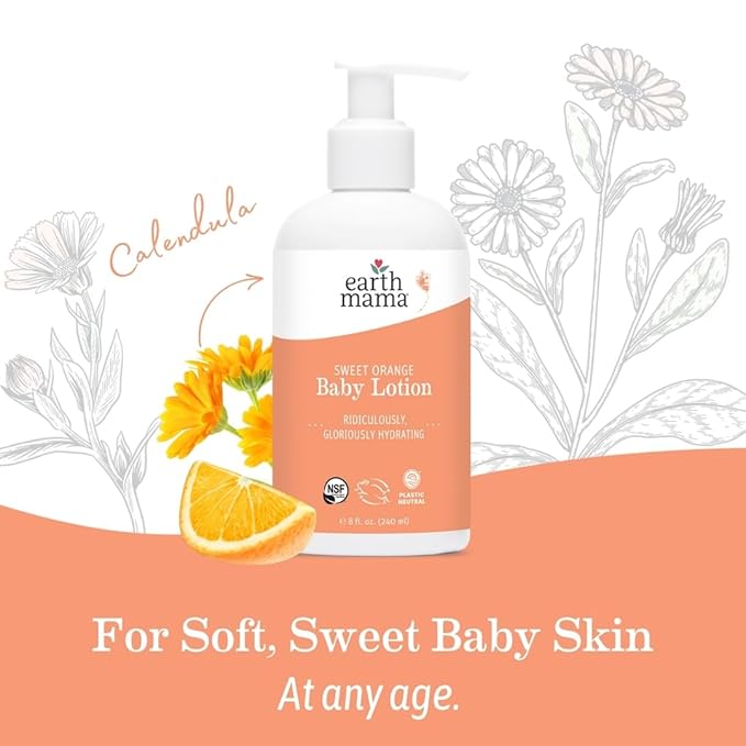 Earth Mama Sweet Orange Baby Lotion | Moisturizing Body Lotion for Dry Skin, Newborn Sensitive Skin Care, Face Moisturizer for Babies & Kids with Shea Butter, Calendula & Aloe, 8 Fl Oz (2-Pack)