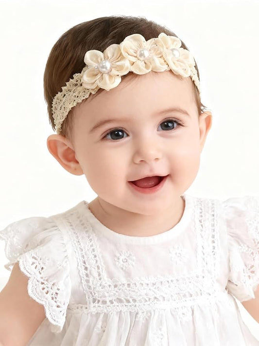 Handmade Baby Girl Headbands in Beige and Pink Lace Flowers for Newborns and Toddlers Cute Baby Girl Flowers and Newborn Headbands (Beige Pearl Flowers, One Size)