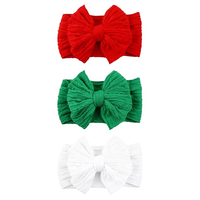 3 Pcs Christmas Baby Bows Headbands Soft Nylon Hairbands Super Elastic Headband Hair Accessories For Baby Girls Infant Toddler Essentials (Red Green White, Mid)