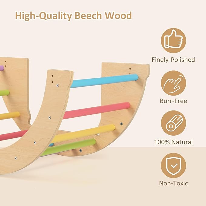 INFANS Wooden Arch Climber Rocker with Soft Cushion, 6 in 1 Montessori Climbing Toys for Toddlers, Waldorf Indoor Table Baby Children Ladder Gym Learning Playset Gift for Kids Boys Girls (Colorful)