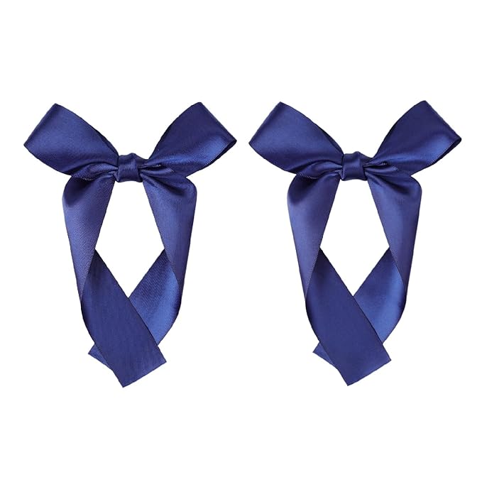 2-Pack Long Satin Ribbon Hair Bows for Girls – Elegant Silk Hair Clips for Toddlers, Infants, Teens & Kids - Navy Blue