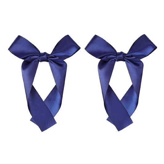 2-Pack Long Satin Ribbon Hair Bows for Girls – Elegant Silk Hair Clips for Toddlers, Infants, Teens & Kids - Navy Blue