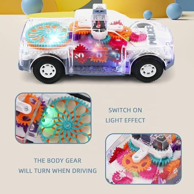 Nenekal Transparent Electric Police Car Gear Toy with Flashing Lights & Music, Automatically Changes Direction, Toddler Gift, for Boys Girls 3+, STEM Tummy Time