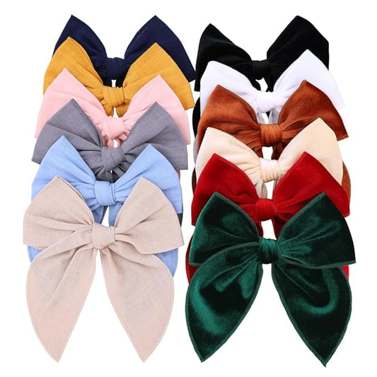 12 PCS Large Fable Bow Hair Clip for Little Girl Kids Linen Velvet Hair Bows Barrettes Alligator Clips Baby Mom Women Hair Accessories (Linen 6 and Velvet 6)