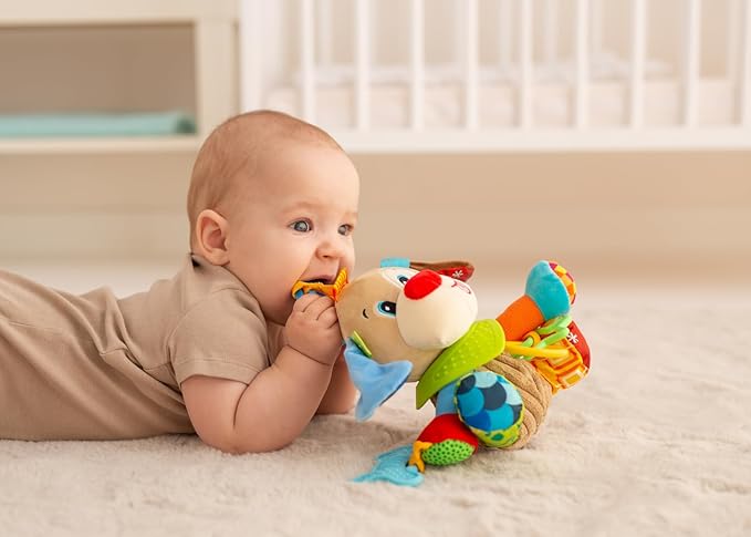 Balibazoo Puppy Paul Hanging Baby Toy for 0-24M - Developmental Sensory Activity Toy | Crinkle, Rattle, BPA-Free Silicone Teethers | Clip for Stroller, Car Seat | Soft Plush Newborn Gift