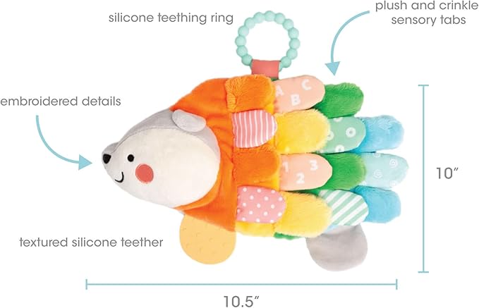 Pearhead Hedgehog Sensory Toy, Plush Lovey with Crinkle Tabs and Silicone Teether for Babies 0m+, Infant Development Toy