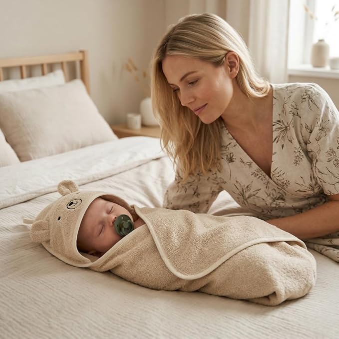 Hooded Baby Towel - 100% Organic Cotton Baby Bath Towels – Baby Towels, Baby Bath Towels for Baby Boy, Baby Girl, 32" x 32" Super-Soft and Absorbent Baby Towels for Newborn (Bear - Fog)