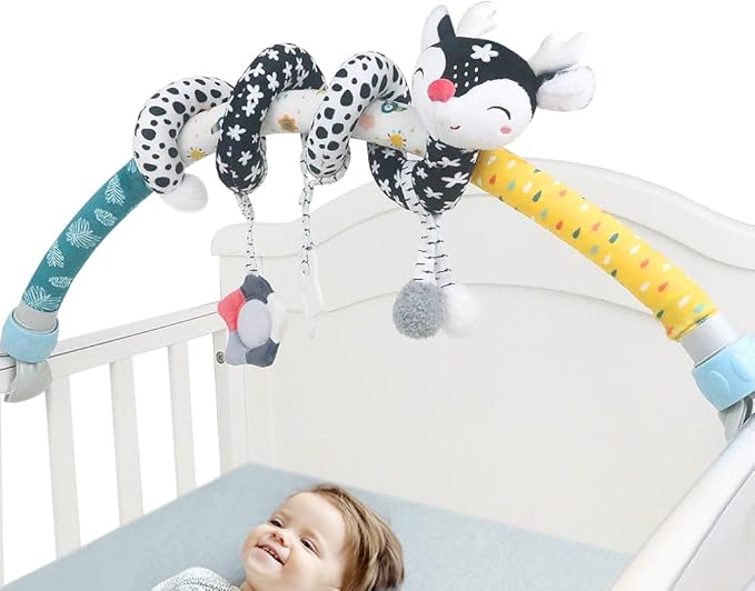 Caterbee Baby Bjorn Bounce Arch Toy bar, Black and White with Stretch & Spiral Hanging Activity Set, Adjustable Clamp for Strollers, Cribs & Car Seats, Includes Rattles, Squeaker & Teether (01)