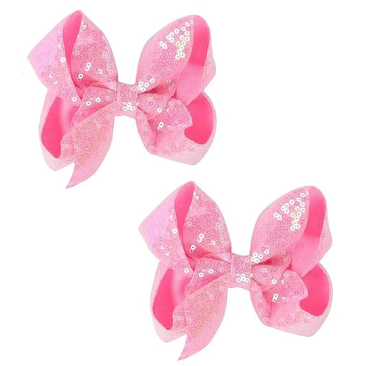 6 Inch Pink Sparkly Glitter Sequin Hair Bows for Girls Toddlers Kids Children Teenage (2PCS)