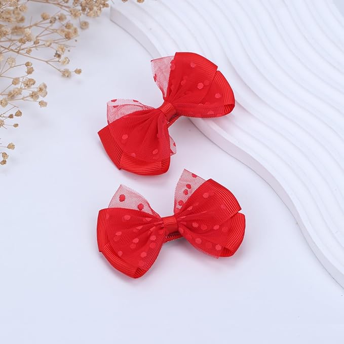 Tiny 3 Inch Dot Organza Double Hair Bow Clips - Cute Lined Boutique Alligator Hairpin for Girls, Toddlers, and Little Teens - Kids Barrettes Set of 2 Small Stylish (Red)
