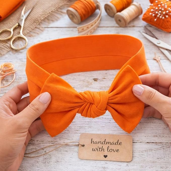 Baby Girl Headbands 0–6 Months – Newborn Infant Soft Cotton Handmade Bow Headband, Stretchy No Mark Baby Hair Accessories (Orange, 0-6 Month)