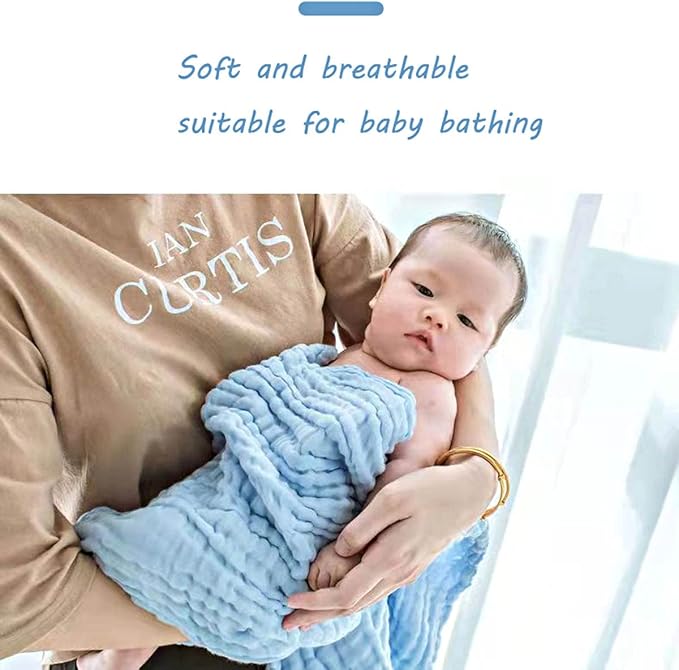 YEBON ProC 2Pcs Baby Muslin Bath Towels, Super Soft Cotton Bath Towel 6 Layers Infant Newborn Swaddle Blanket 41.3 X41.3 Inches,Baby Registry as Shower (Blue)