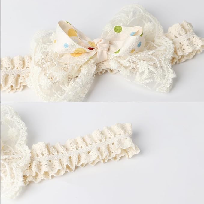 Baby Girls Bow Lace Headband Cute Soft Hairband White Butterfly Knot Headbands for Newborn Infants Toddlers Kids Christening Baptism Birthday Party Hair Accessories（Colorful dots）