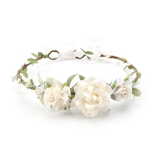Flower Girl Flower Crown Pink Baby Girls Floral Headpieces Kids Headband Children Hair Wreath Photo Prop (White-Child Size)