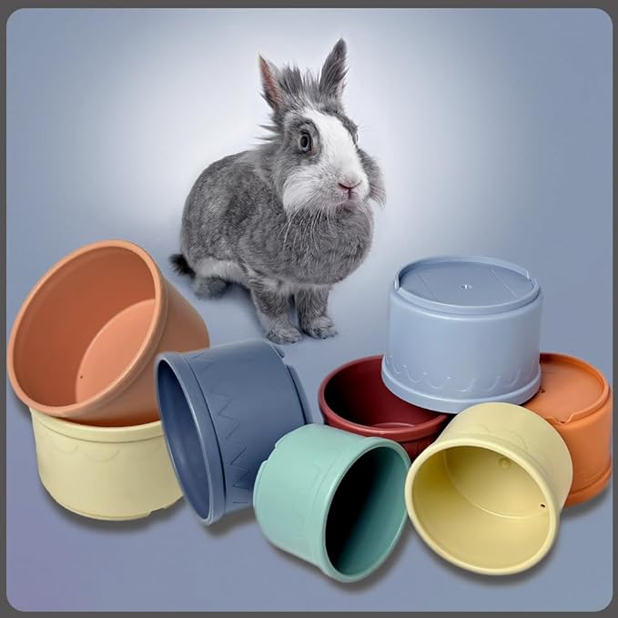 Qoaimu 8 Pcs Bunny Toys Stacking Cups for Rabbits and Small Animals, Colorful Reusable Nesting Cups of Different Sizes, Safe Plastic Stackable Foraging Toys for Hiding Food and Play