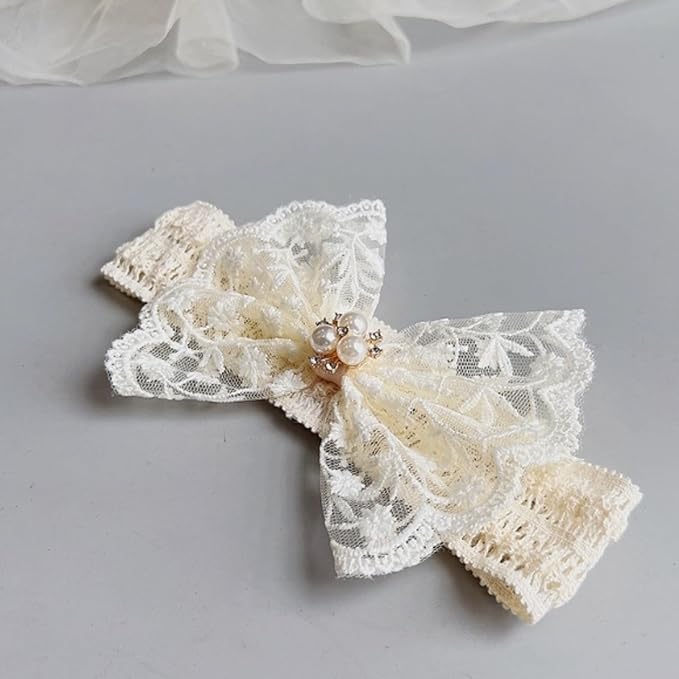 Baby Girls Hairband White Bow Lace Headbands Handmade Soft Stretchy Bowknot Hairbands Newborn Headband with Bows Pearls Elastic Head Band for Newborn Infant(Beige Embroidered Pearl Bow)