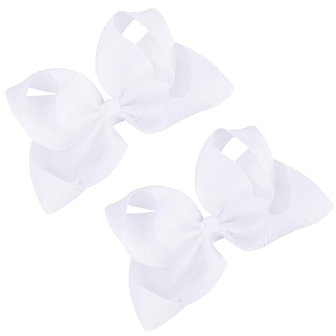 DEEKA 2 PCS 6" Big Hand-made Grosgrain Ribbon Solid Color Hair Bows Alligator Clips Hair Accessories for Little Teen Toddler Girls Kids Set of 2 -White