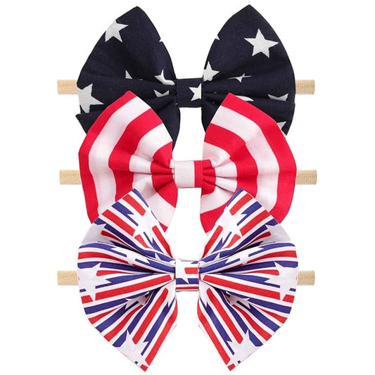 4th of July America Flag Baby Headbands Cheer Bow, Baby Girls Red White Blue Star Spangled Patriotic Hair Bow for Newborns Toddlers Small Children,3 Pcs (America Flag-B)