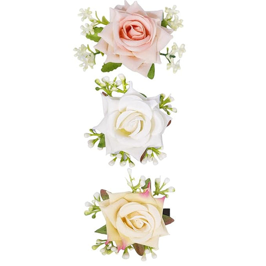 3pcs Girls Flower Hair Clips, Floral Rose Hair Barrettes w/Boutique Fully Lined Alligator, Hair Bows for Baby Newborn Toddler