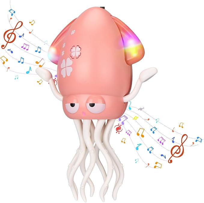 Vodolo Magic Electric Dancing Octopus Toy with Led Light and Music,Automatic Evasion Crawling Dancing Octopus Musical Toys with Fishing Rod,Dancing Squid Toy Baby Must Haves Tummy Time Baby Toys,Pink