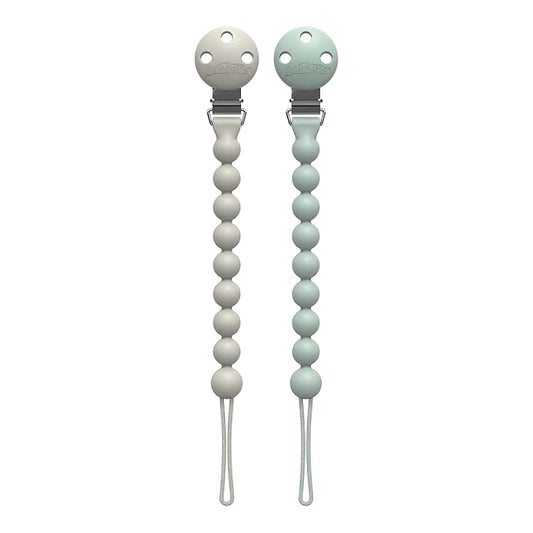 Dr. Brown's Silicone Pacifier Clips, Universal Fit Strap for Pacifiers, Green/Gray, BPA Free, 0-18 Months, 2-Pack