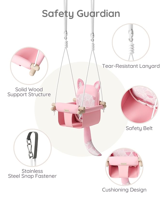 Wooden Baby Swing with Safety Belt - Adjustable Infant & Toddler Swings for Indoor/Outdoor Use, Includes Mounting Hardware (Fox Design, Pink)