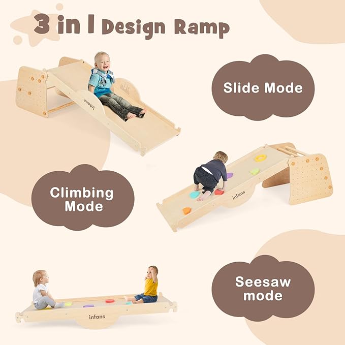 INFANS 7 in 1 Climbing Toys for Toddlers, Upgrade Wooden Montessori Cube Climber Set with Reversible Ramp Slide Ladder Seesaw, Indoor Pikler Climb Activity Jungle Gym Present for Kids Age 3+
