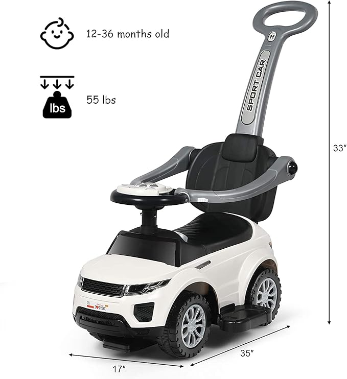 GLACER Push Cars for Toddlers 1-3, 3-in-1 Kids Sliding Car with Detachable Guardrail, Horn, Music, Lights, Storage Box and Anti-Roll Design, Ride on Push Car for Boys Girls(White)