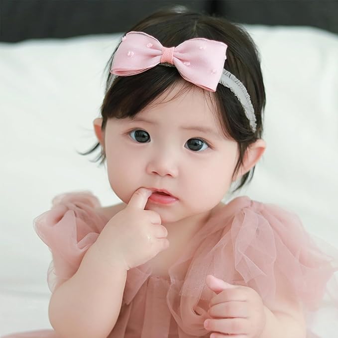 Baby Girls Hairbands Bow Lace Headband Handmade Soft Stretchy Pink Bowknot Hairbands Newborn Hairband with Bows Elastic Hair Bands for Kids Infant(Pink Polka Dot Bow