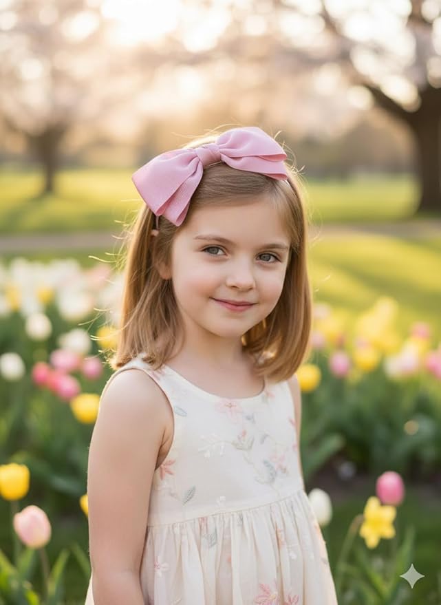 ClassExceed Dusty Pink Bow Headband for Girls 3–12 – Spring Hair Accessory, Solid Color Ribbon Kids Headband for Party & Photos